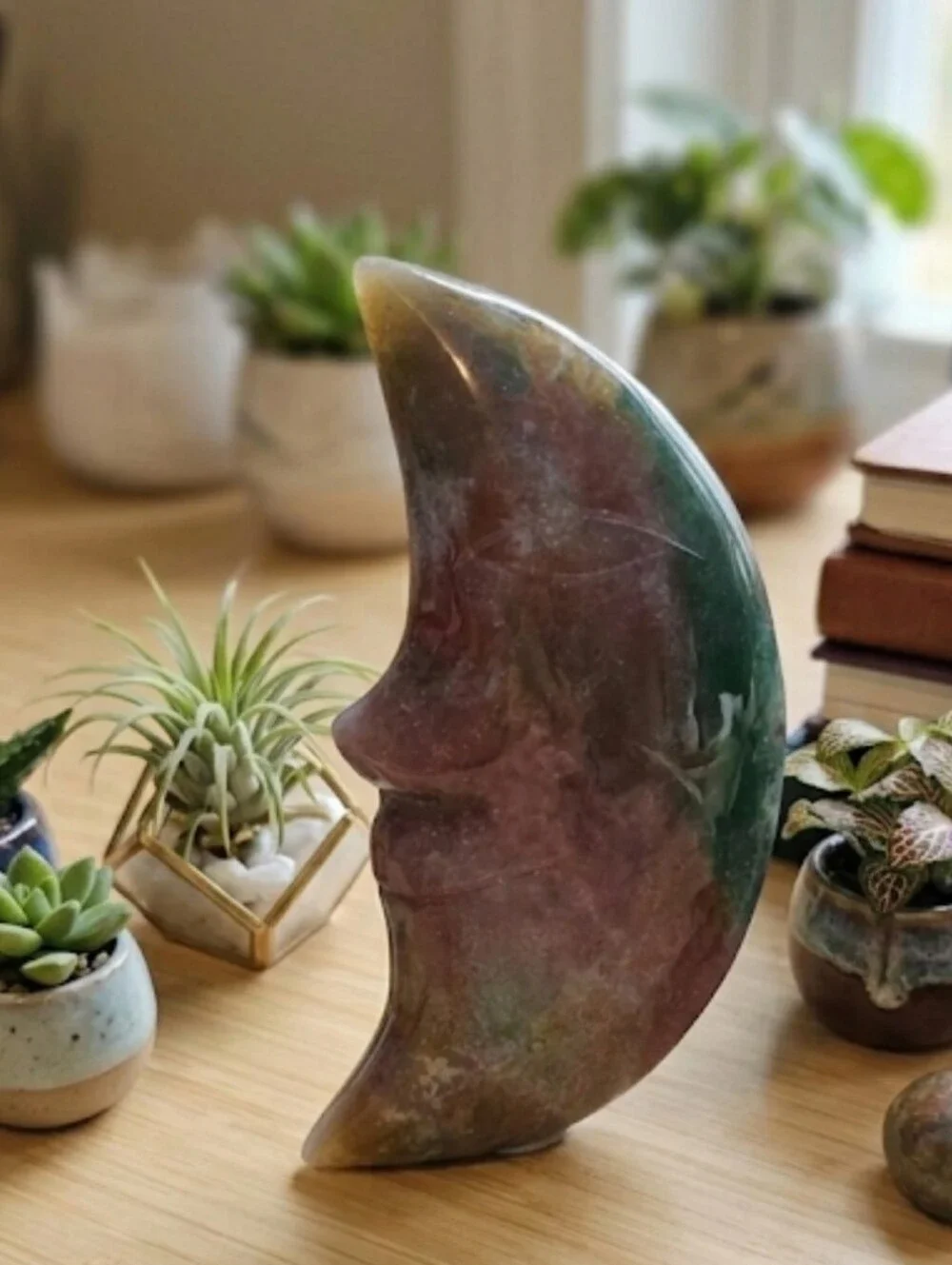 Beautiful Rainbow / Polychrome Jasper Moon Crystal Carving Brand New Decor Home